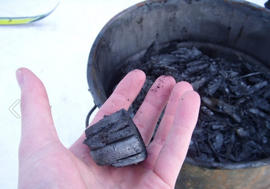 pedaço de carvão vegetal na mão